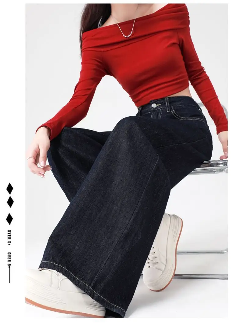 Women's Dark Blue Wide Leg Jeans 2025 Casual Set — feature 3