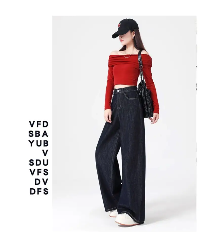 Women's Dark Blue Wide Leg Jeans 2025 Casual Set — feature 9