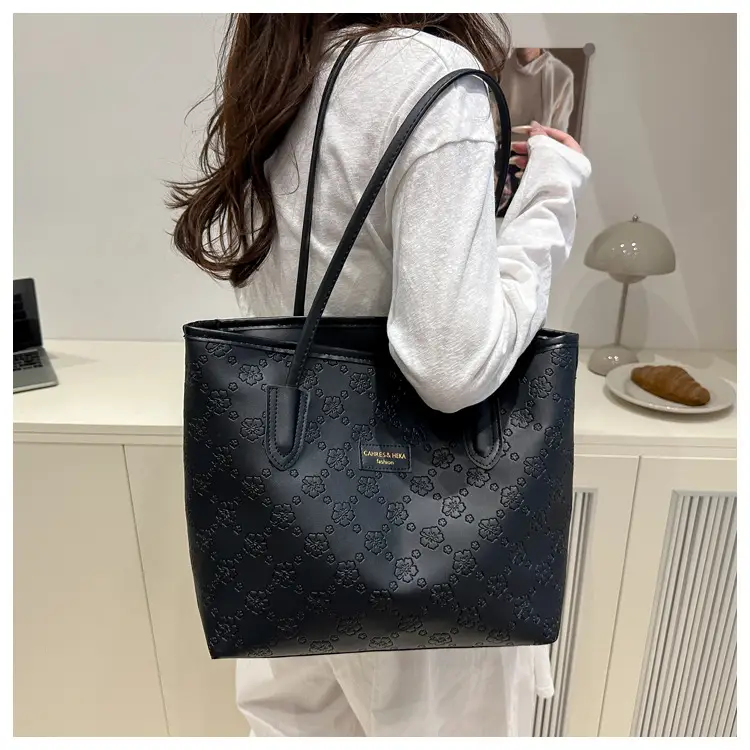 Women Embossed Flower Tote Bag Brown Leather Shoulder Handbag — feature 12