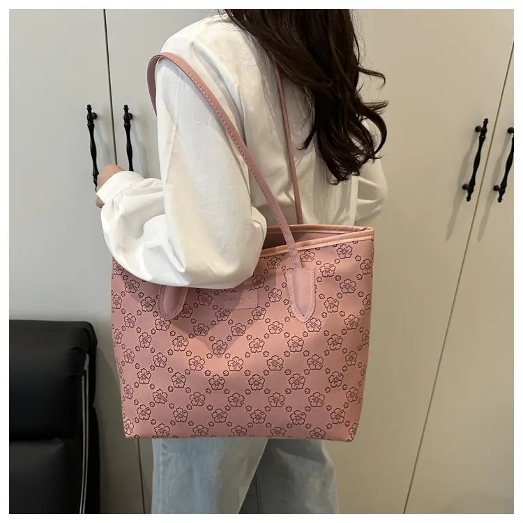 Women Embossed Flower Tote Bag Brown Leather Shoulder Handbag — feature 17