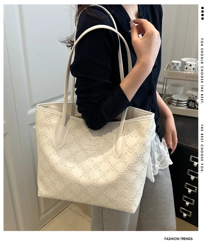 Women Embossed Flower Tote Bag Brown Leather Shoulder Handbag — feature 2