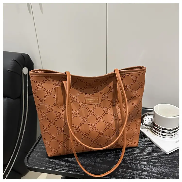Women Embossed Flower Tote Bag Brown Leather Shoulder Handbag - Image 5