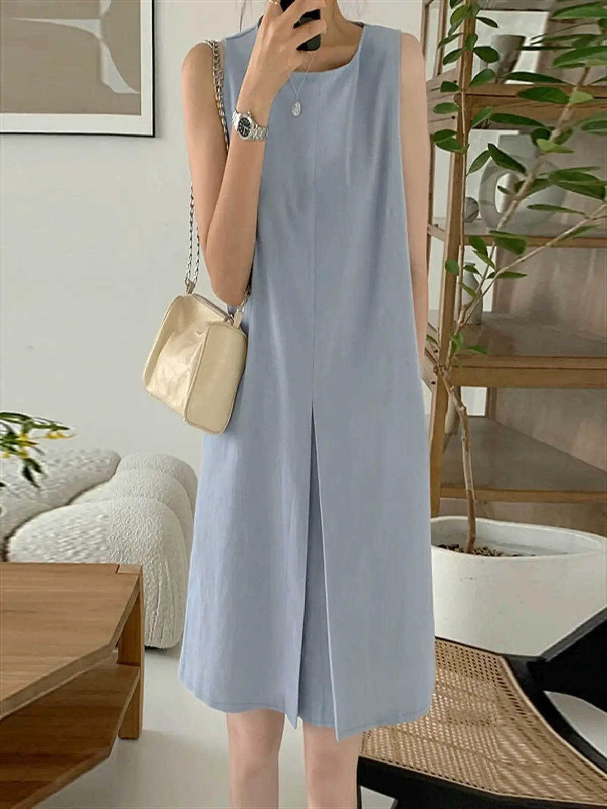 Women's Sleeveless Cotton Linen Dress Blue