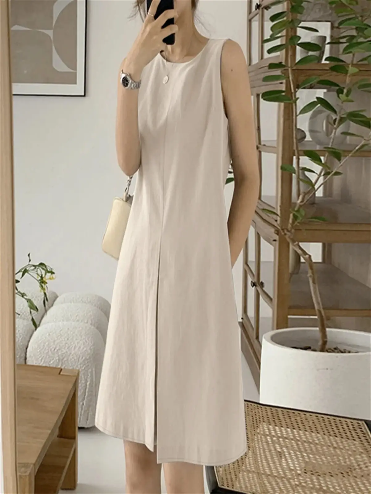 Women's Sleeveless Cotton Linen Dress Blue