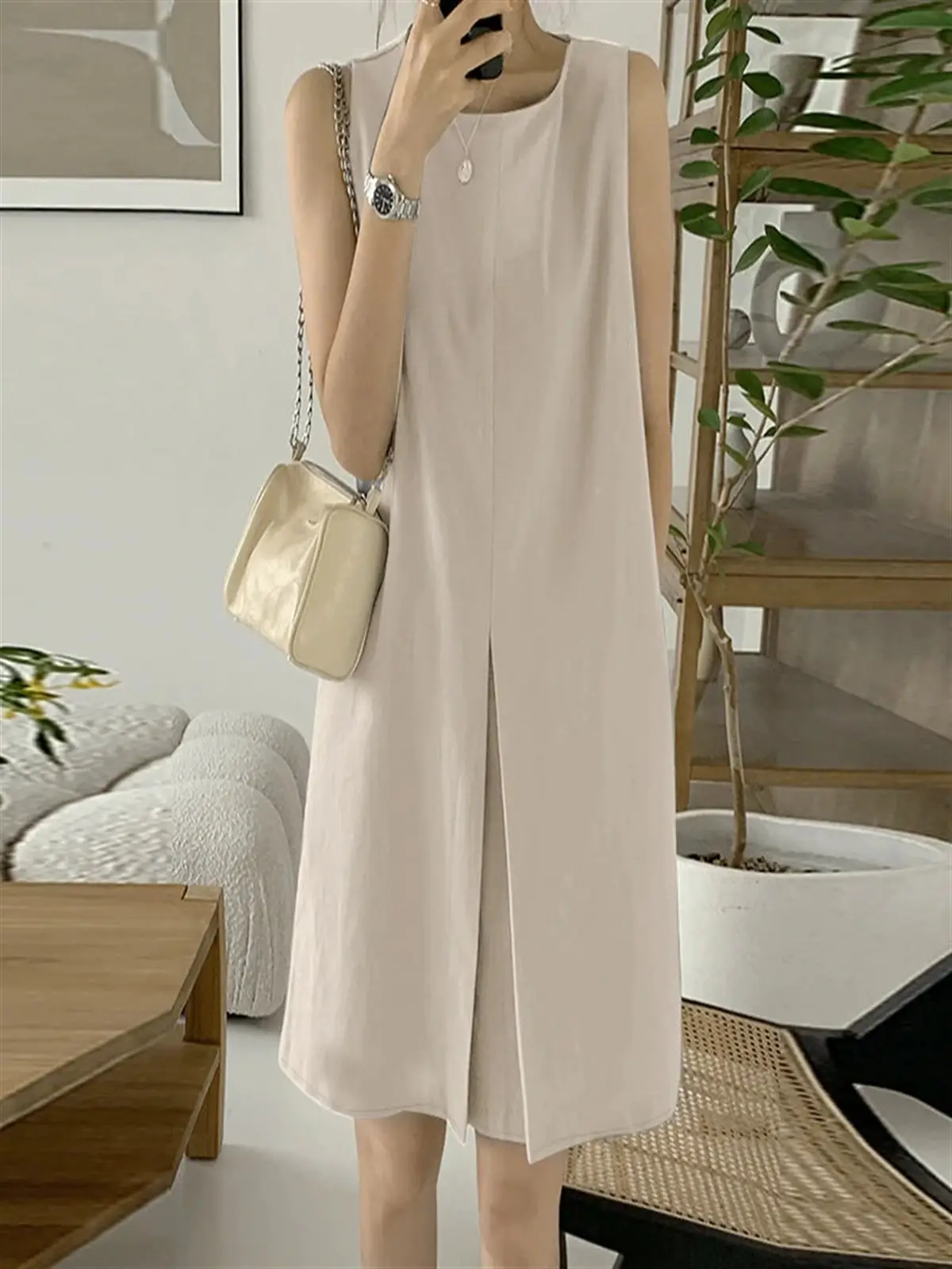 Women's Sleeveless Cotton Linen Dress Blue — feature 2