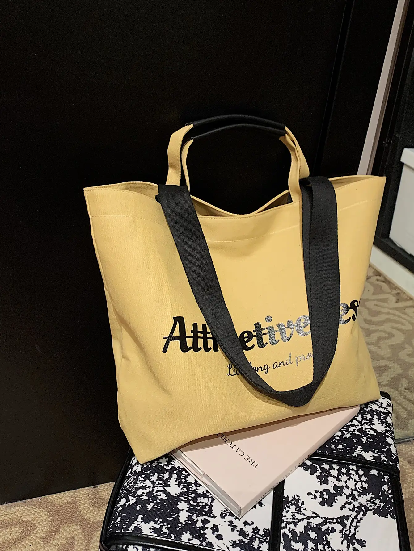 Women Canvas Tote Bag Yellow Black Large Capacity Western Style - Image 4