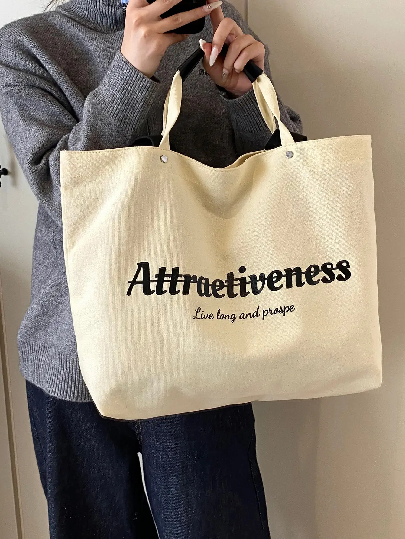 Women Canvas Tote Bag Yellow Black Large Capacity Western Style - Image 6