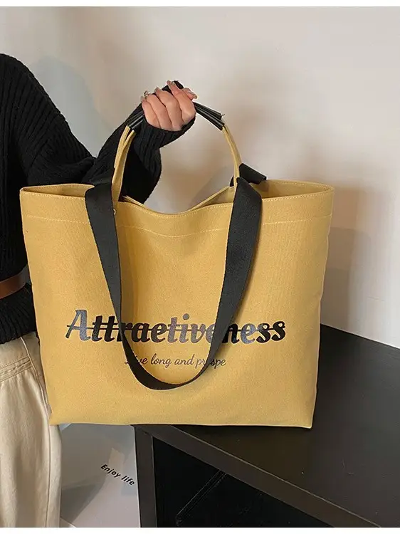 Women Canvas Tote Bag Yellow Black Large Capacity Western Style - Image 7