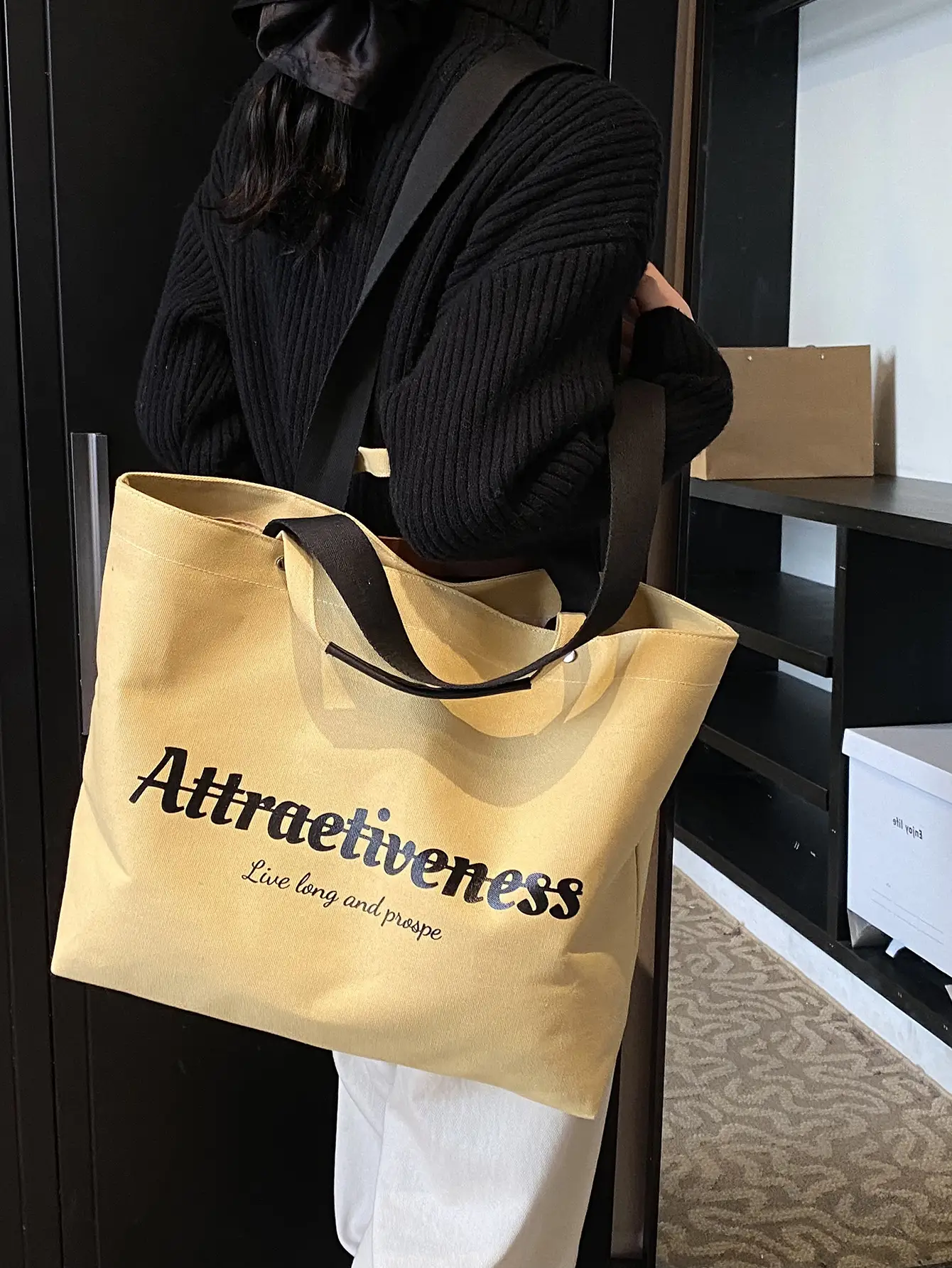 Women Canvas Tote Bag Yellow Black Large Capacity Western Style — feature 32