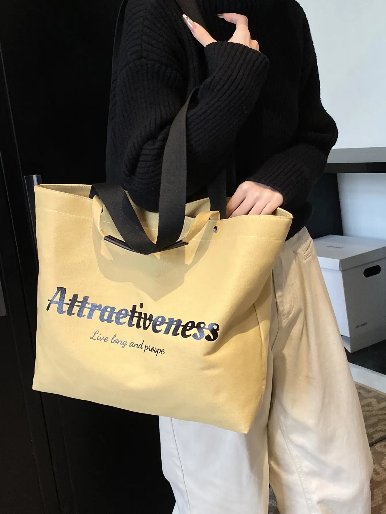 Women Canvas Tote Bag Yellow Black Large Capacity Western Style — feature 38