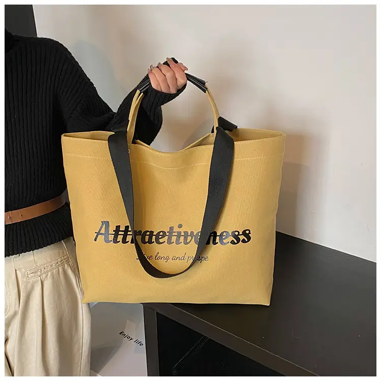 Women Canvas Tote Bag Yellow Black Large Capacity Western Style - Image 2