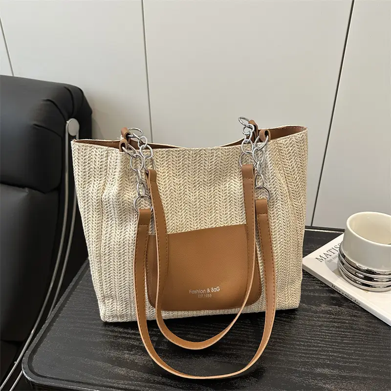 Women's Large Capacity Straw Tote Bag Brown Beige - Image 5