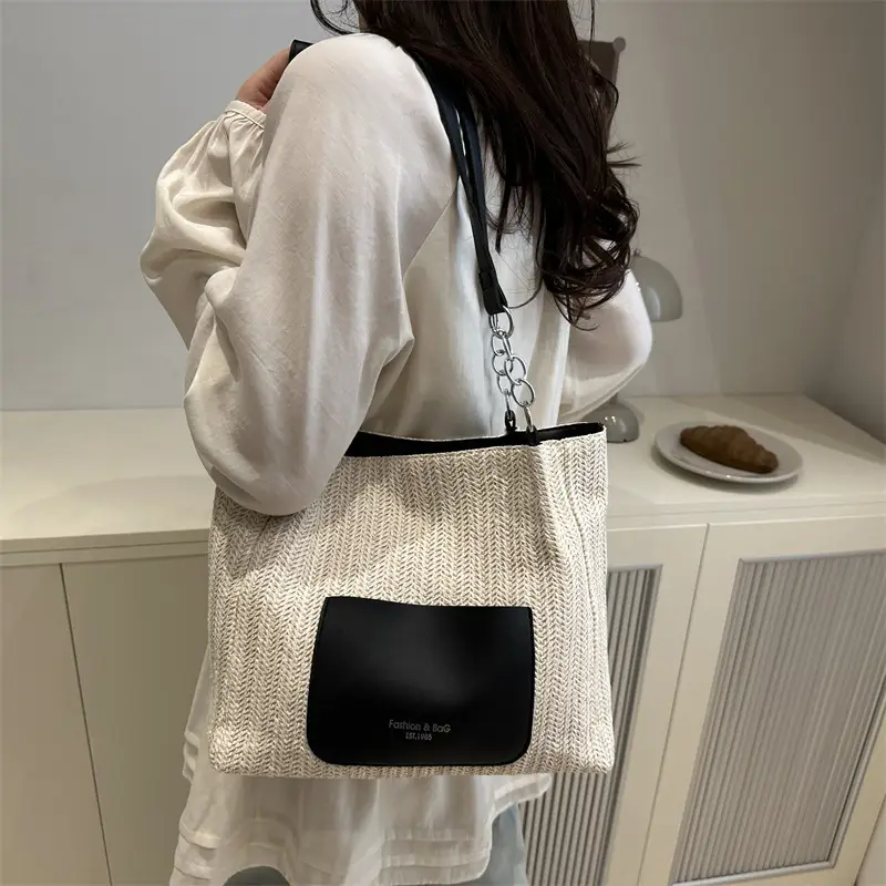 Women's Large Capacity Straw Tote Bag Brown Beige - Image 6