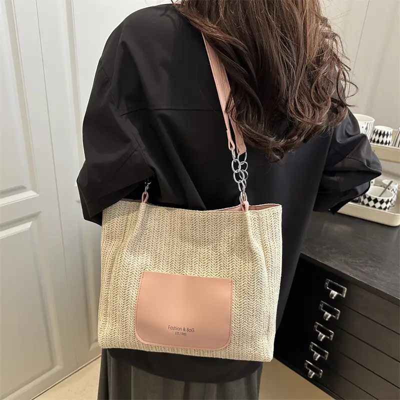 Women's Large Capacity Straw Tote Bag Brown Beige - Image 7