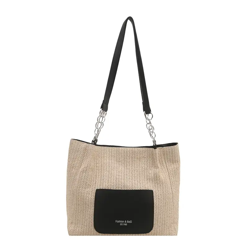 Women's Large Capacity Straw Tote Bag Brown Beige - Image 9