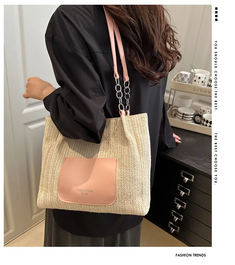 Women's Large Capacity Straw Tote Bag Brown Beige — feature 1