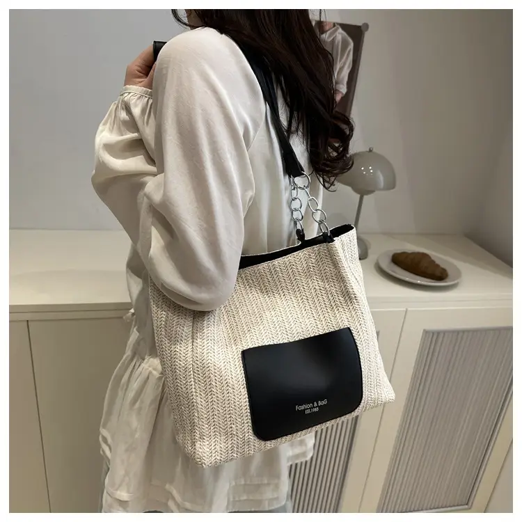 Women's Large Capacity Straw Tote Bag Brown Beige — feature 10