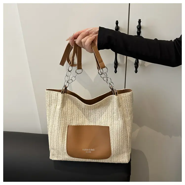 Women's Large Capacity Straw Tote Bag Brown Beige — feature 11