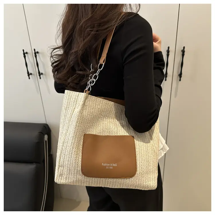 Women's Large Capacity Straw Tote Bag Brown Beige — feature 12