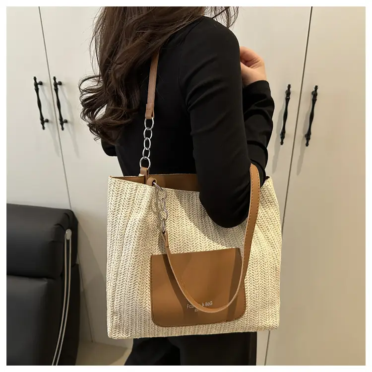 Women's Large Capacity Straw Tote Bag Brown Beige — feature 13