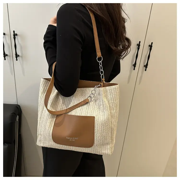 Women's Large Capacity Straw Tote Bag Brown Beige — feature 14