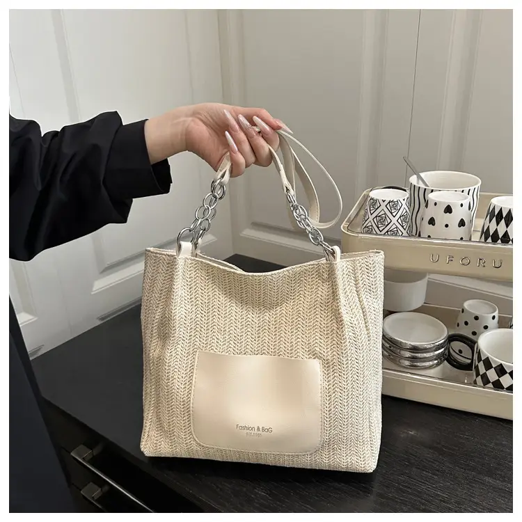 Women's Large Capacity Straw Tote Bag Brown Beige — feature 15