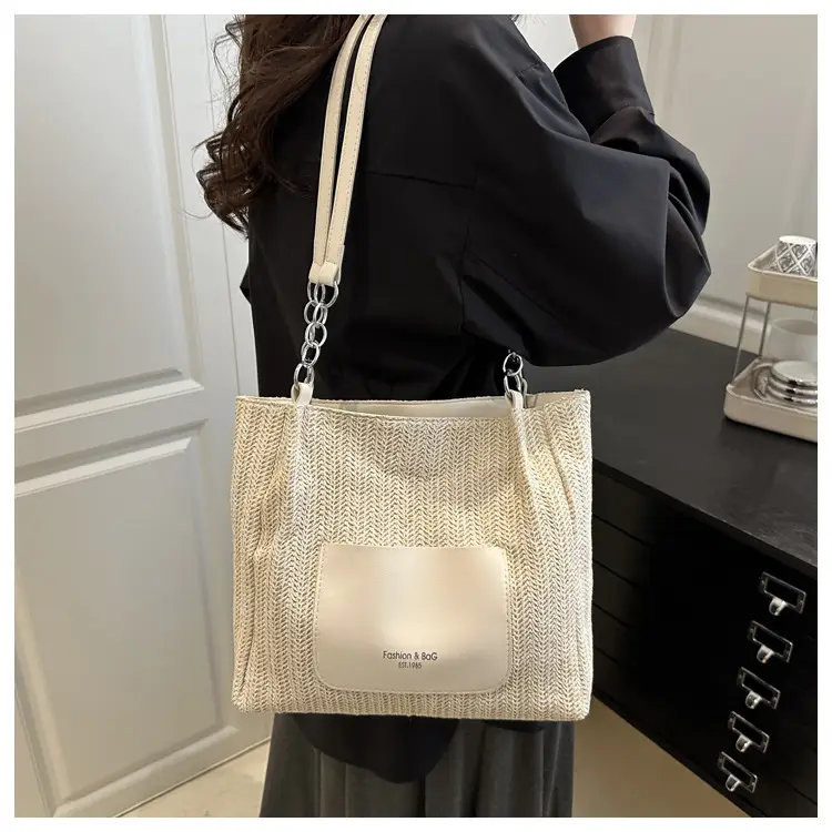 Women's Large Capacity Straw Tote Bag Brown Beige — feature 16