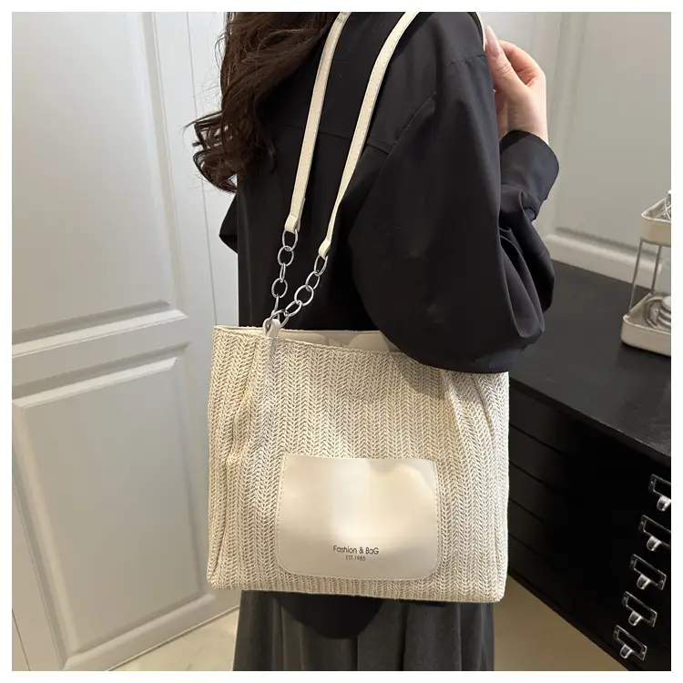 Women's Large Capacity Straw Tote Bag Brown Beige — feature 17