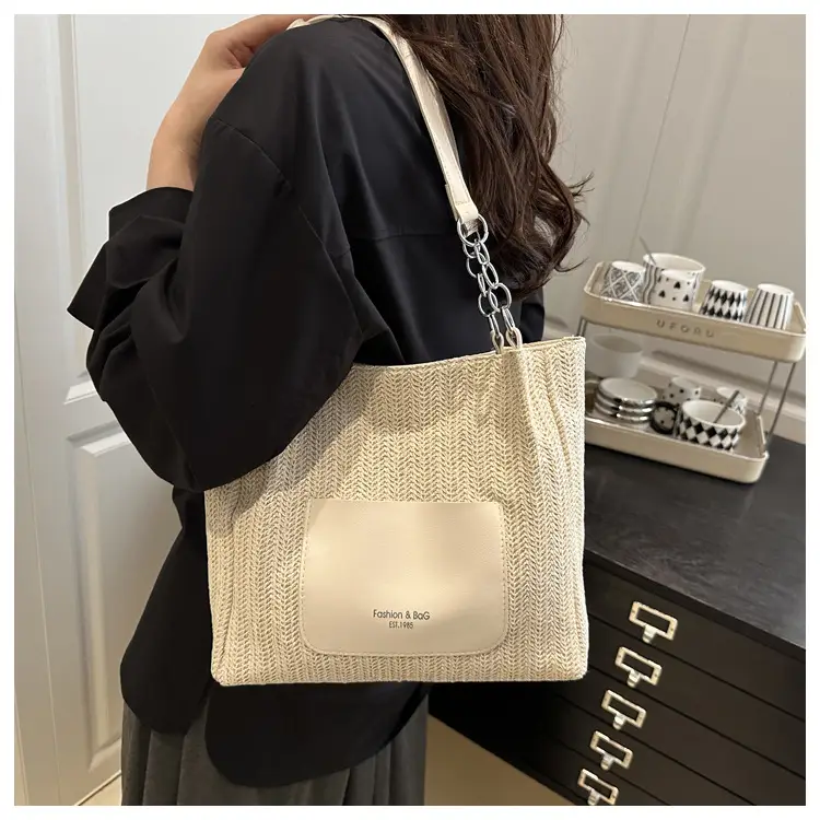 Women's Large Capacity Straw Tote Bag Brown Beige — feature 18