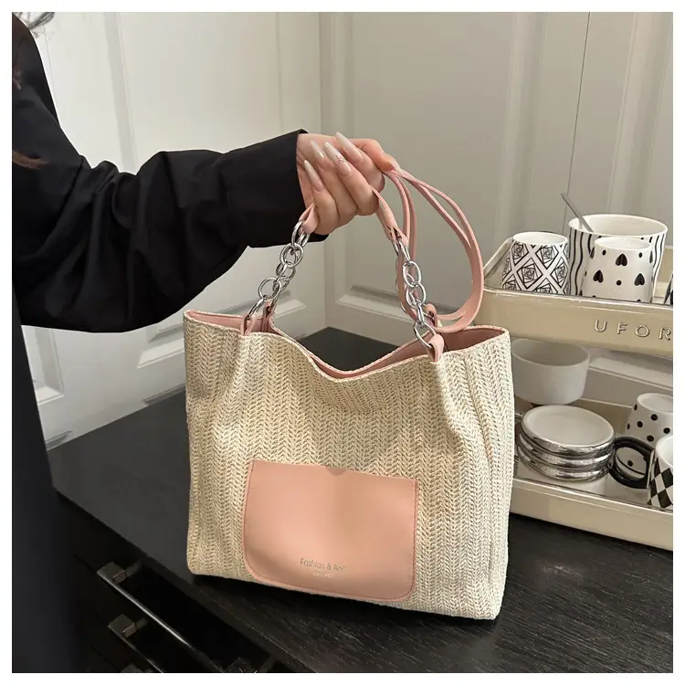 Women's Large Capacity Straw Tote Bag Brown Beige — feature 19
