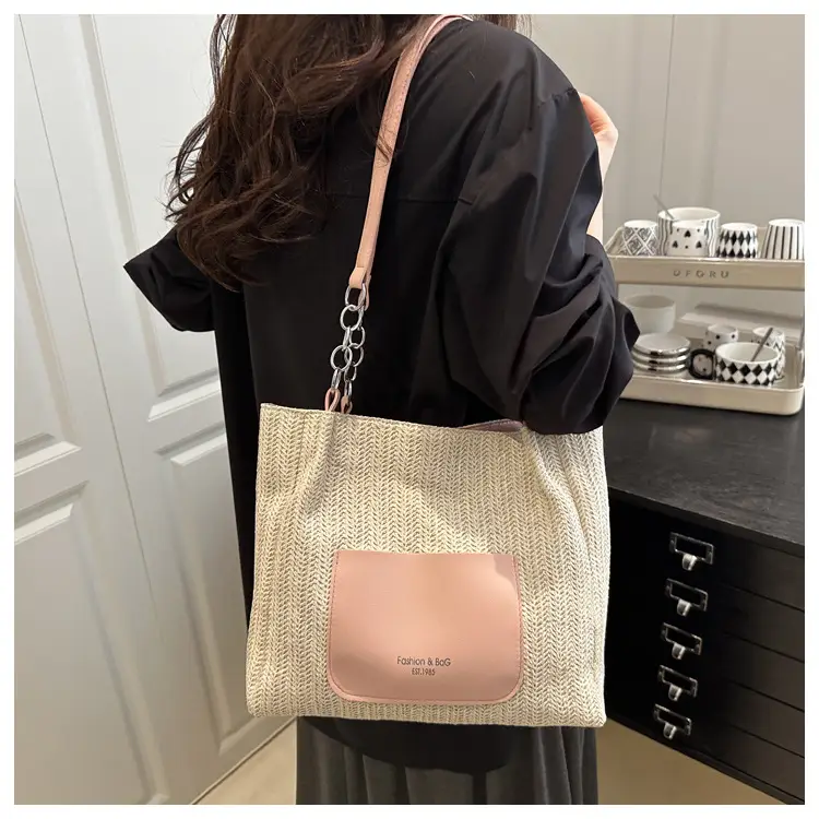 Women's Large Capacity Straw Tote Bag Brown Beige — feature 20