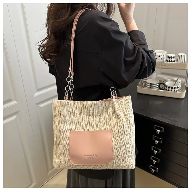 Women's Large Capacity Straw Tote Bag Brown Beige — feature 21
