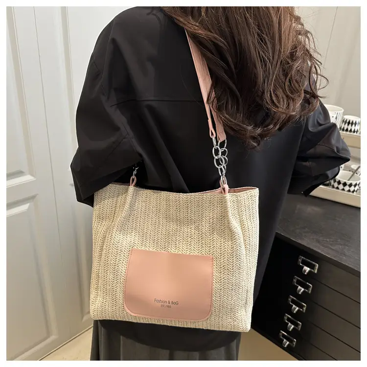 Women's Large Capacity Straw Tote Bag Brown Beige — feature 22