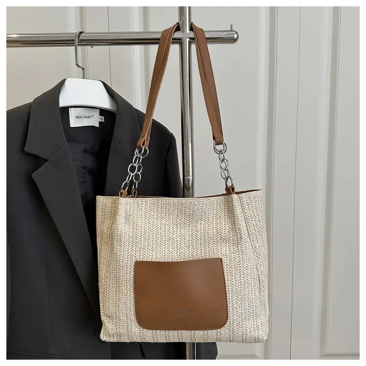 Women's Large Capacity Straw Tote Bag Brown Beige — feature 24