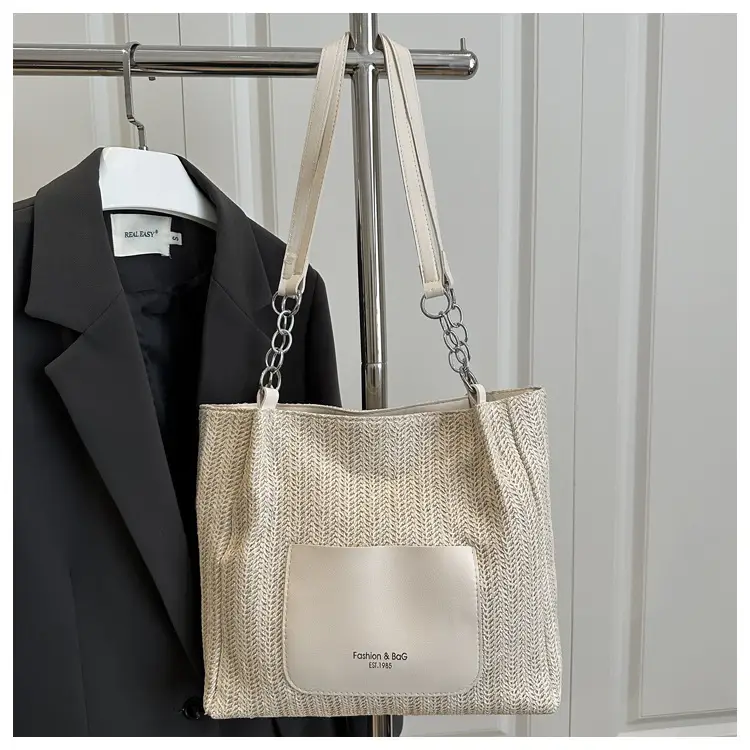 Women's Large Capacity Straw Tote Bag Brown Beige — feature 27