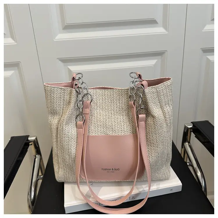 Women's Large Capacity Straw Tote Bag Brown Beige — feature 28