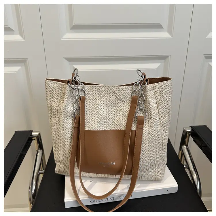 Women's Large Capacity Straw Tote Bag Brown Beige — feature 29