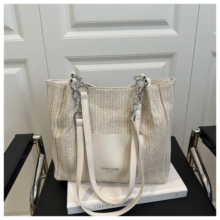 Women's Large Capacity Straw Tote Bag Brown Beige — feature 30
