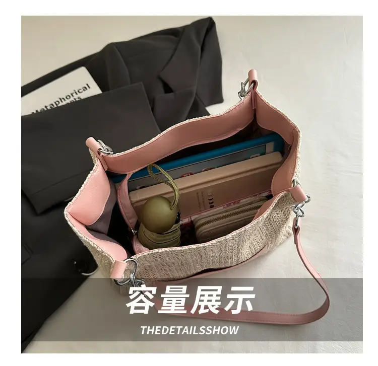 Women's Large Capacity Straw Tote Bag Brown Beige — feature 5