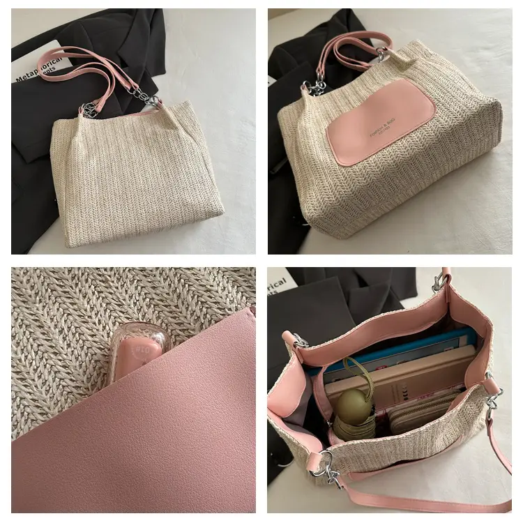 Women's Large Capacity Straw Tote Bag Brown Beige — feature 6