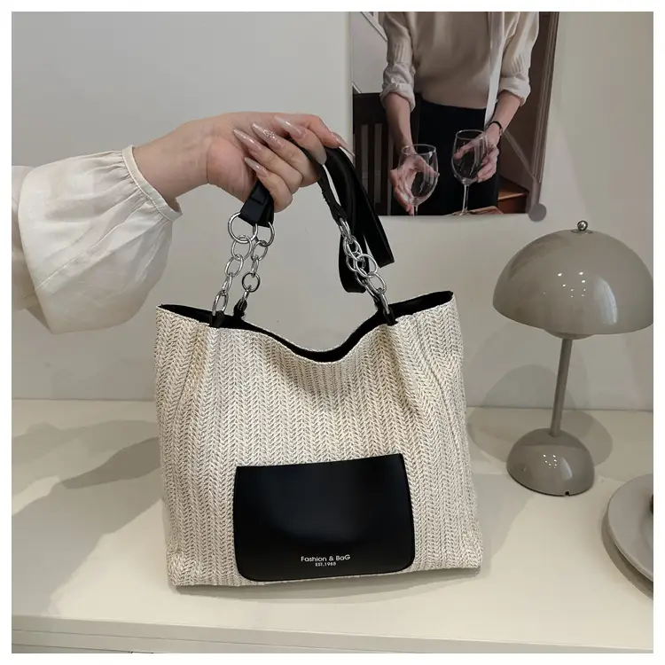 Women's Large Capacity Straw Tote Bag Brown Beige — feature 7