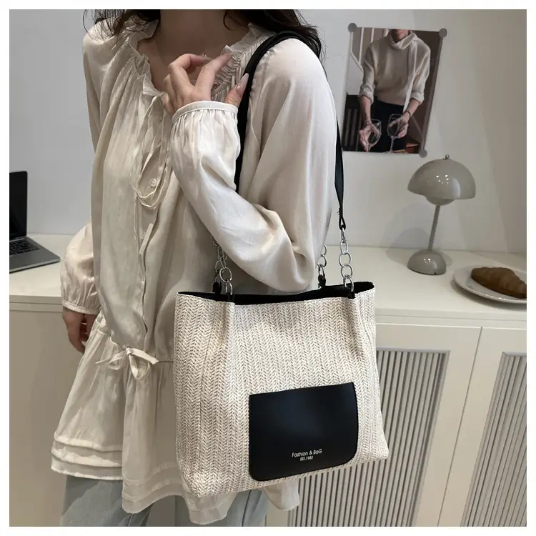 Women's Large Capacity Straw Tote Bag Brown Beige — feature 8