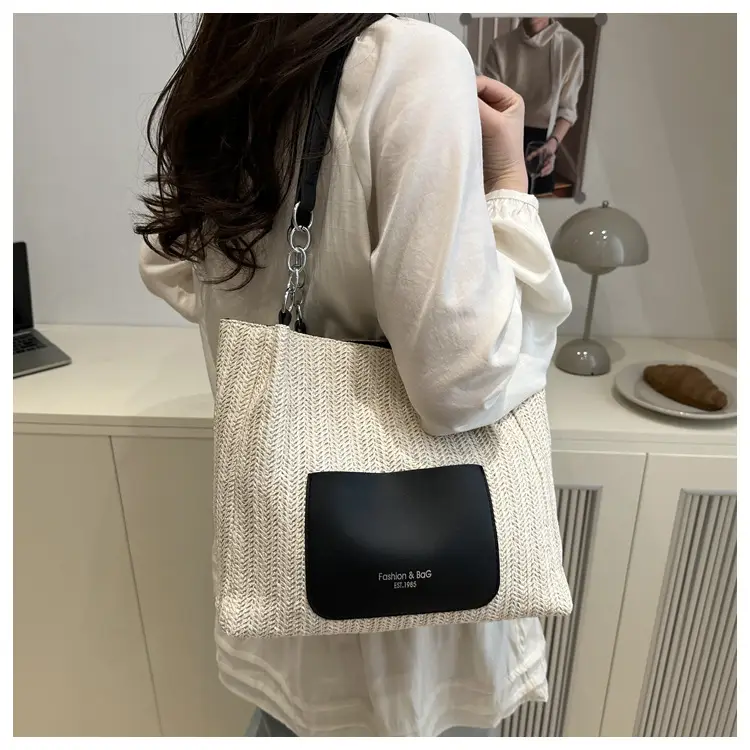 Women's Large Capacity Straw Tote Bag Brown Beige — feature 9