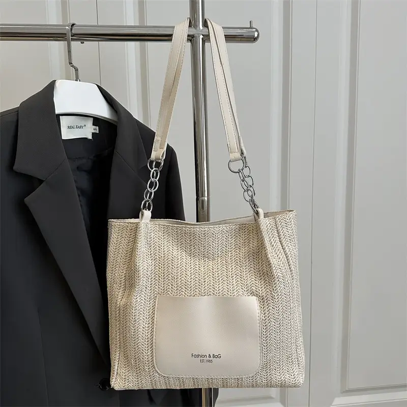 Women's Large Capacity Straw Tote Bag Brown Beige - Image 2