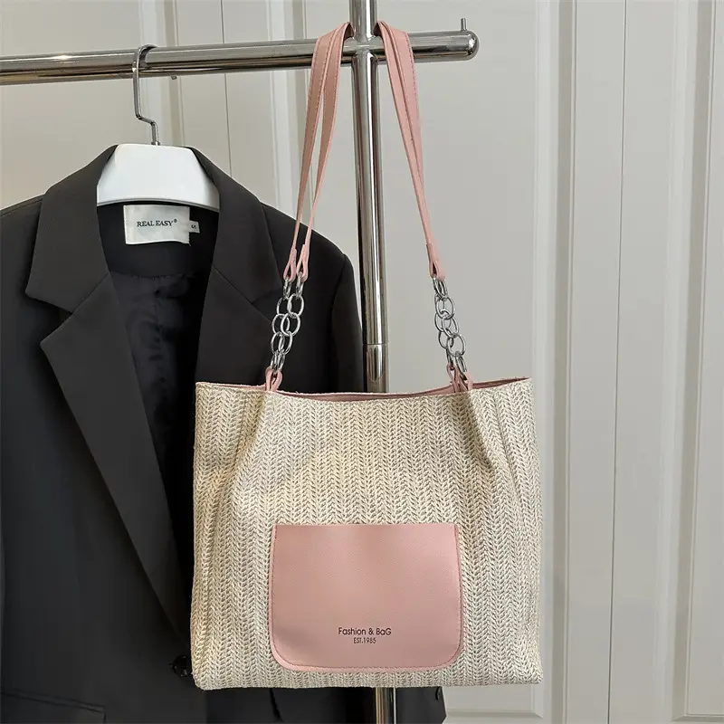 Women's Large Capacity Straw Tote Bag Brown Beige - Image 3