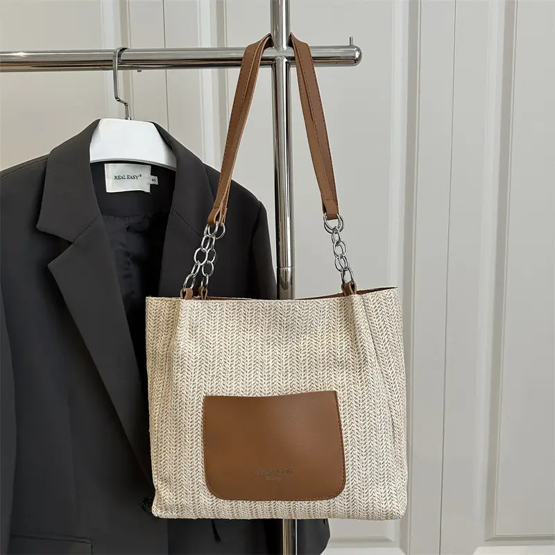 Women's Large Capacity Straw Tote Bag Brown Beige - Image 4