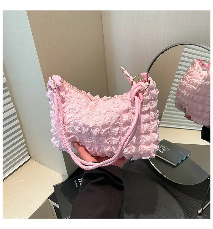 Pink Bubble Pleated Handheld Bag for Girls - Image 4