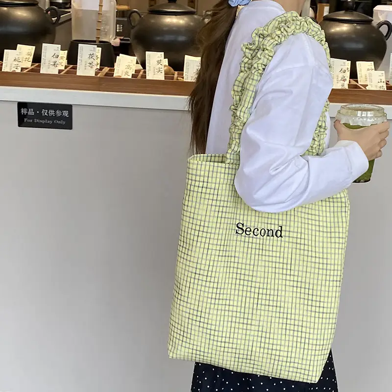 Blue Plaid Canvas Shoulder Bag for Women - Image 5
