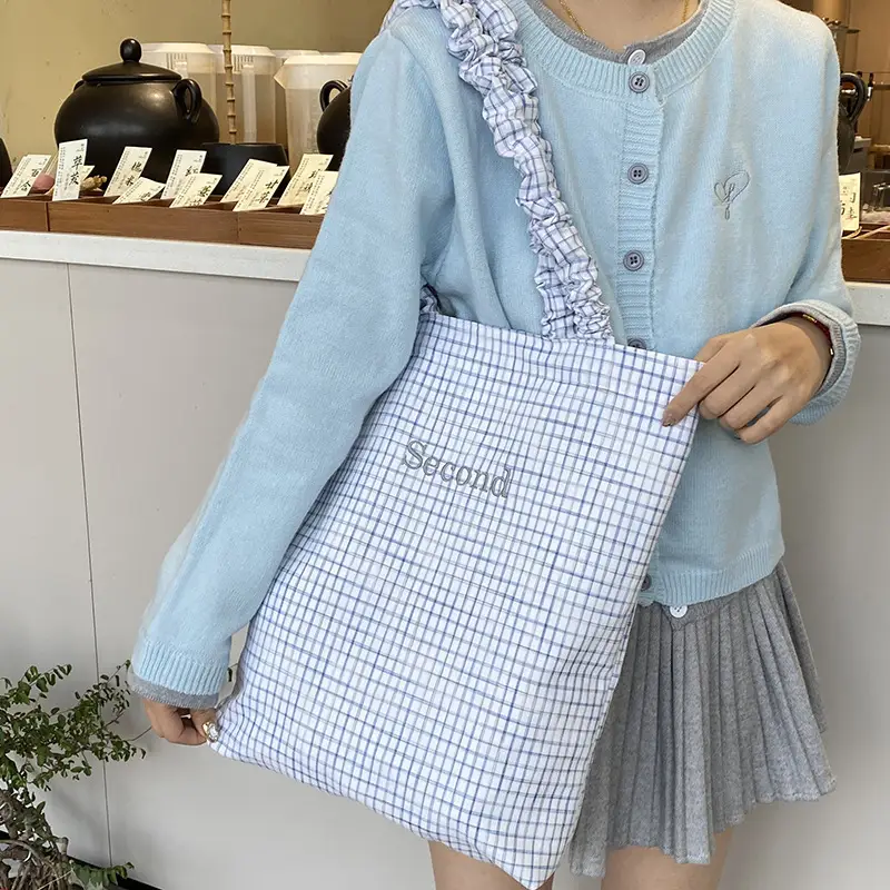 Blue Plaid Canvas Shoulder Bag for Women - Image 6
