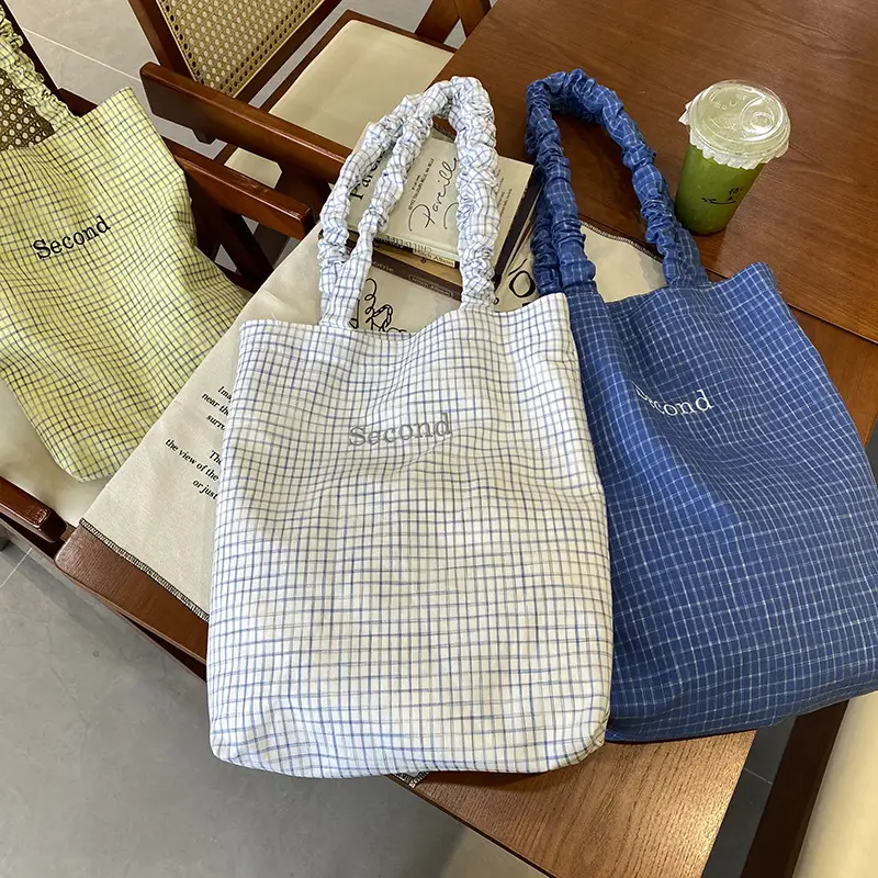 Blue Plaid Canvas Shoulder Bag for Women - Image 7